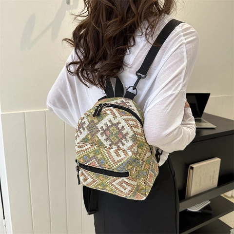 Zaino Mini Etnico Geometrico da Donna Zaino Casual in Lona Jacquard per il Pendolarismo Retro Moda Streetwear Piccola Borsa Quotidiana