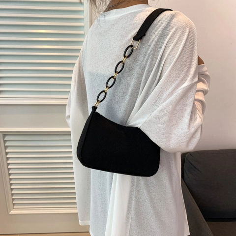 Crocodile Pattern Felt Underarm Bag Women Minimalist Chain Shoulder Bag Fashion Commute Small Square Bag Vintage Style