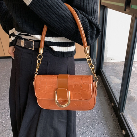 Γυναικεία Τσάντα Μασχάλης από Δέρμα PU με Ανάγλυφο Κροκόδειλο Μόδα Χρυσή Πόρπη Τσάντα Ώμου Ευέλικτη Καθημερινή Μικρή Τετράγωνη Τσάντα