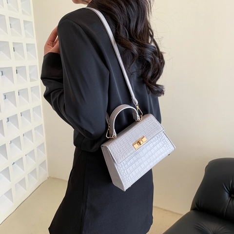 Bolso de Hombro de Moda para Mujer con Patrón de Cocodrilo Bolso Bandolera Cuadrado de Cuero PU Rétro con Cierre de Metal Dorado