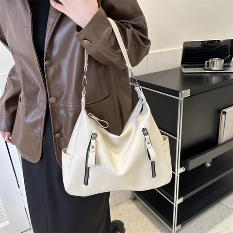 Vintage PU Leather Shoulder Bag For Women Large Capacity Tote Bag Commuter Crossbody Bag With Zipper Decoration Solid Color Fashion Handbag