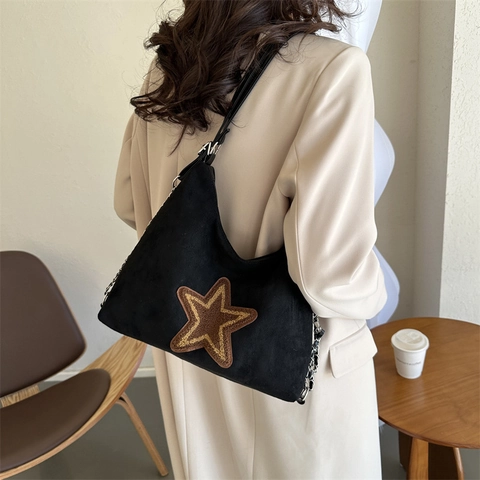 Vintage Stern Aufnäher Canvas Umhängetasche Große Kapazität Schultertasche Für Damen Casual Street Style Tasche Mit Metallkette