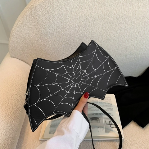 Halloween Novelty Bat Shaped Shoulder Bag For Women PU Leather Spider Web Heart Stitching Gothic Crossbody Bag Party Gift