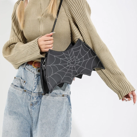 Halloween Novelty Bat Shaped Shoulder Bag For Women PU Leather Spider Web Heart Stitching Gothic Crossbody Bag Party Gift
