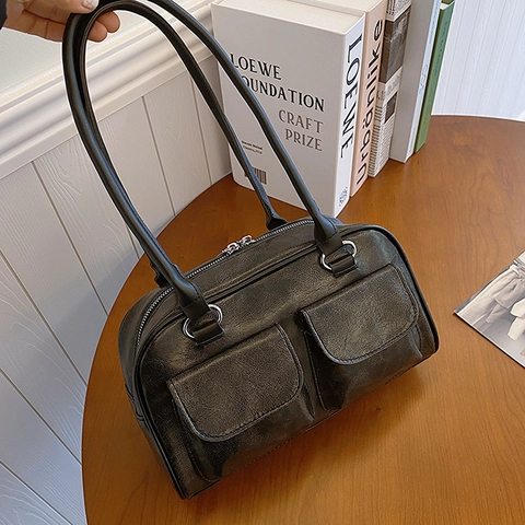 Borsa a Spalla in Pelle PU Vintage Distressed da Donna Borsa Sottobraccio con Doppie Tasche Anteriori Tote Handbag Casual Moda Quotidiana