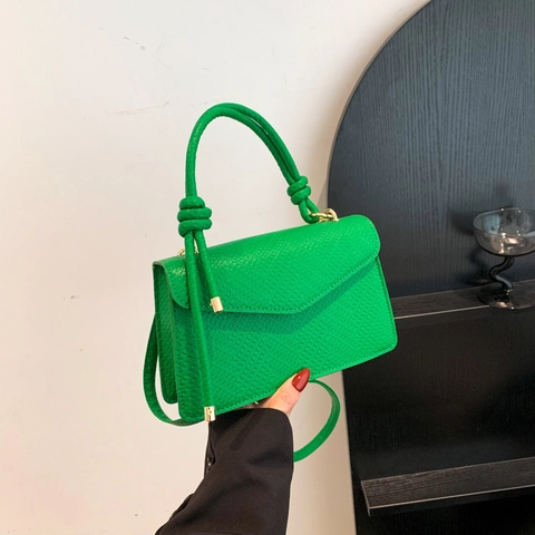 Fashion PU Leather Shoulder Bag For Women Vintage Texture Small Square Bag With Knot Handle Golden Hardware Crossbody Bag