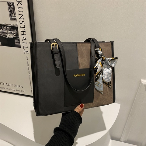 Fashion PU Leather Color Block Tote Bag With Decorative Silk Scarf Large Capacity Casual Shoulder Handbag For Women