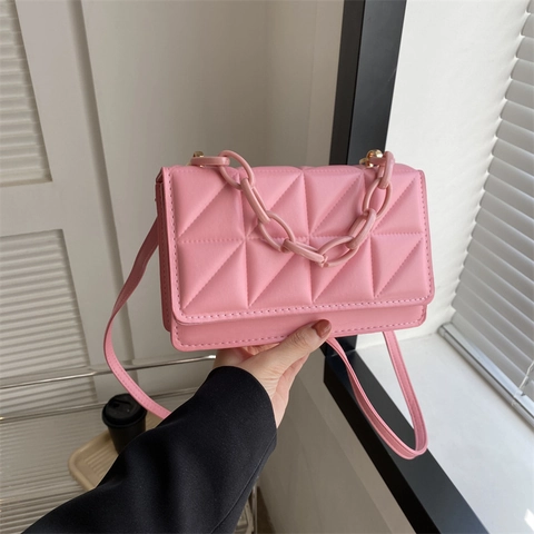 Women Trendy Geometric Quilted PU Leather Shoulder Bag With Thick Resin Chain Fashion Crossbody Small Square Bag