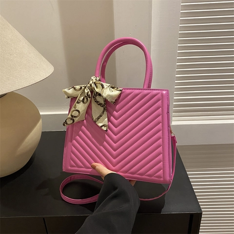 Women V Quilted PU Leather Shoulder Bag With Satin Scarf Chevron Handbag Fashion Crossbody Tote Square Bag