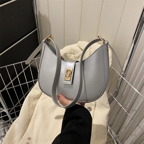 Bolso de Hombro de Media Luna en Piel PU Minimalista Retro para Mujer Estilo Coreano Color Sólido Bolso Hobo de Axila Con Hebilla