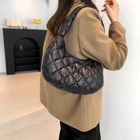 Borsa a Spalla Hobo Trapuntata Moda Donna Borsa Dumpling Imbottita Casual Tinta Unita Cerniera Borsa a Mano Sottobraccio