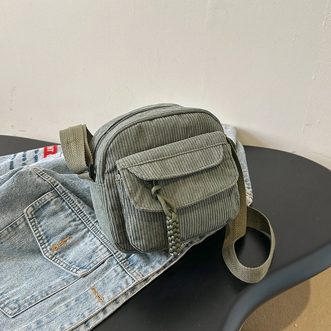 Women Corduroy Crossbody Bag Retro Small Square Shoulder Bag With Adjustable Strap Front Flap Pocket Casual Messenger Bag