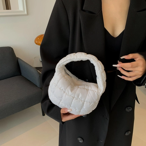 Women Quilted Puffer Handbag Canvas Mini Bucket Bag Fashion Solid Color Square Stitching Small Tote Bag For Daily Use