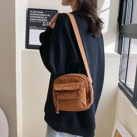 Women Corduroy Crossbody Bag Retro Small Square Shoulder Bag With Adjustable Strap Front Flap Pocket Casual Messenger Bag