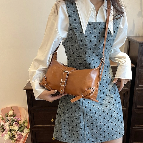 Trendy Women Glossy PU Leather Underarm Shoulder Bag Vintage Moto Style Solid Color Handbag With Metal Buckle Crossbody Bag