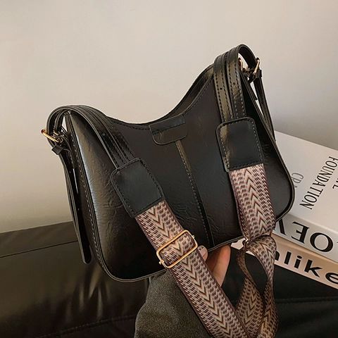Vintage PU Leder Schultertasche Für Damen Retro Hobo Achseltasche Mit Geometrischem Webgurt Mode Eimer Umhängetasche Handtasche