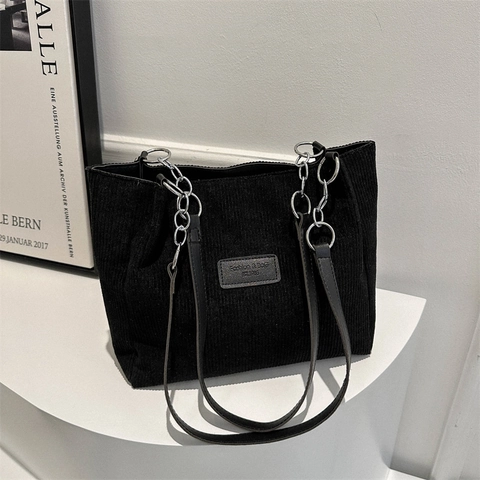 Borsa Tote in Velluto a Coste da Donna Grande Capacità Minimalista Retrò Borsa a Spalla Con Catena in Metallo Tracolla in Pelle拼接 Moda Casual Borsa a Mano