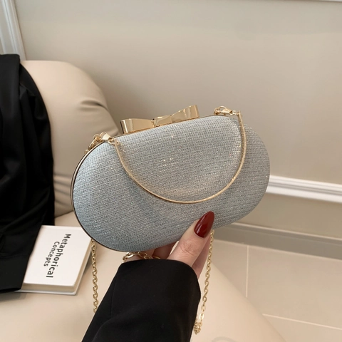 Elegante Ovale Glitter Abendtasche Für Damen Mit Goldenem Schleifenverschluss Abnehmbare Kette Handtasche Hochzeit Party
