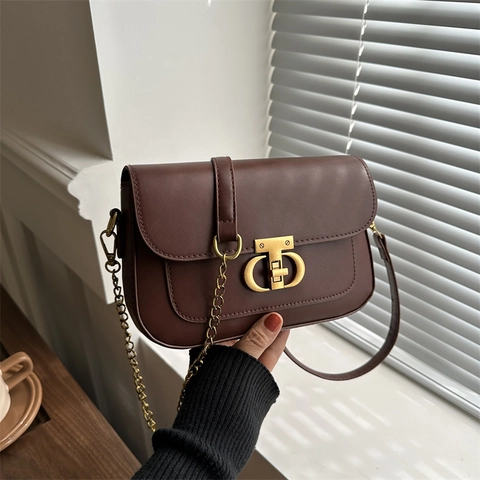 Retro Mode PU Leer Vierkante Crossbody Tas Voor Dames Metalen Slot Ketting Schoudertas Elegante Effen Kleur Commuter Tas
