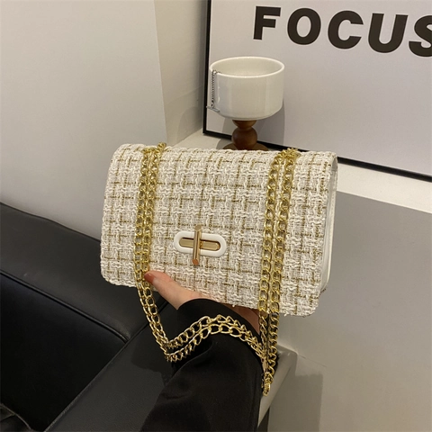 Bolso de Hombro de Cuero PU de Tela Tweed Elegante para Mujer Bolso Retro de Bandolera con Cadena Bolso Cuadrado Pequeño de Moda