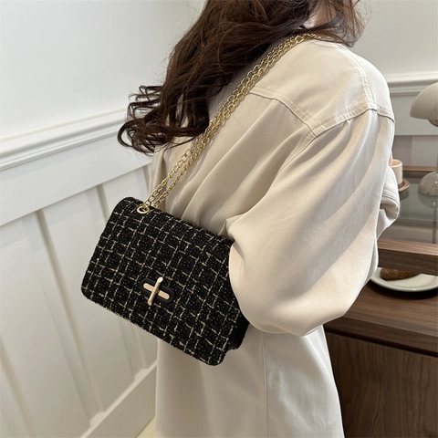 Bolso de Hombro de Cuero PU de Tela Tweed Elegante para Mujer Bolso Retro de Bandolera con Cadena Bolso Cuadrado Pequeño de Moda
