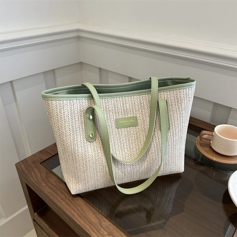 Dames Mode Gevlochten Tote Tas Grote Capaciteit Stroweven Schoudertas Retro Street Style Handtas Voor Kantoor School Reizen