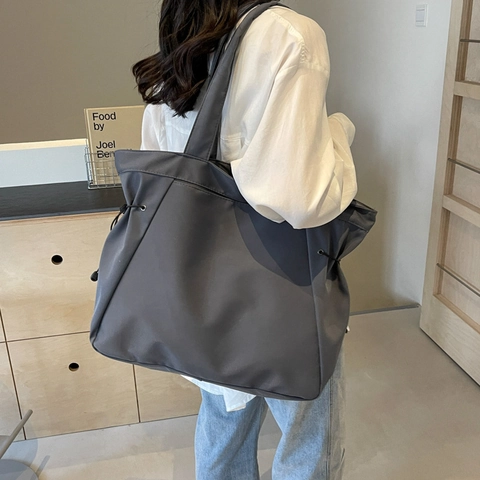 Dames Grote Capaciteit Canvas Tote Tas Eenvoudige Mode Schoudertas Met Trekkoord Ontwerp Casual Reizen Woon-werkverkeer Handtas