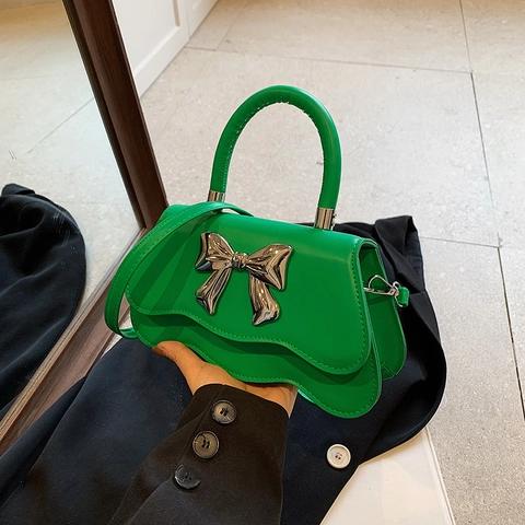 Niche Design Women Bow Shoulder Bag Wavy Bottom PU Leather Handbag Elegant Metal Bow Decoration Crossbody Bag Satchel Bag