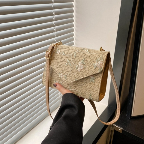 Women Floral Embroidery Straw Woven Crossbody Bag Small Square Summer Beach Shoulder Bag With Adjustable Strap