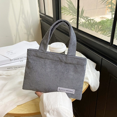 Borsa Tote Mini in Velluto a Coste Donna Casual Moda a Strisce Borsa a Mano Retro Shopping Pouch Lettera Patch Borsa a Mano Street Style