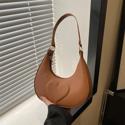 Borsa a Tracolla a Mezzaluna in Pelle PU con Cuore a Rilievo da Donna Borsa Hobo Sotto l'Ascella a Forma di Luna