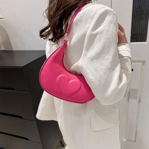 Borsa a Tracolla a Mezzaluna in Pelle PU con Cuore a Rilievo da Donna Borsa Hobo Sotto l'Ascella a Forma di Luna