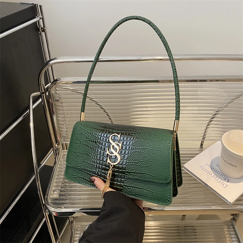 Mode Sac sous le Bras en Cuir PU Motif Crocodile pour Femmes Sac à Bandoulière Vintage Sac à Main Avec Boucle en Métal