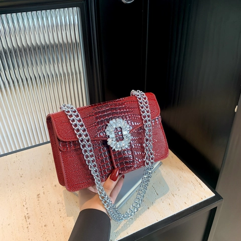 Dames PU Leer Krokodillenpatroon Schoudertas Met Grote Strass Gesp Vierkante Ketting Crossbody Tas Mode Handtas