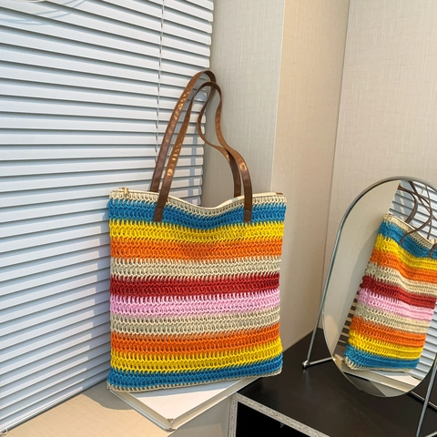 Boho Gewebte Stroh Tragetasche Für Damen Sommer Strand Bunte Gestreifte Große Kapazität Schultertasche Mit Reißverschluss