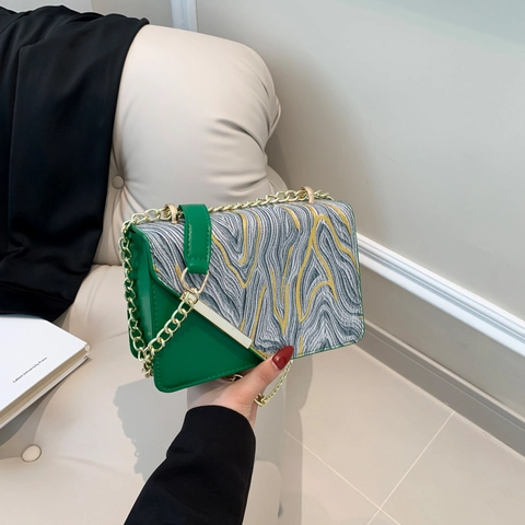 Bolso de Hombro para Mujer de Cuero PU con Patchwork de Bloques de Color Moderno Patrón de Mármol Bolso Crossbody Con Cadena de Oro