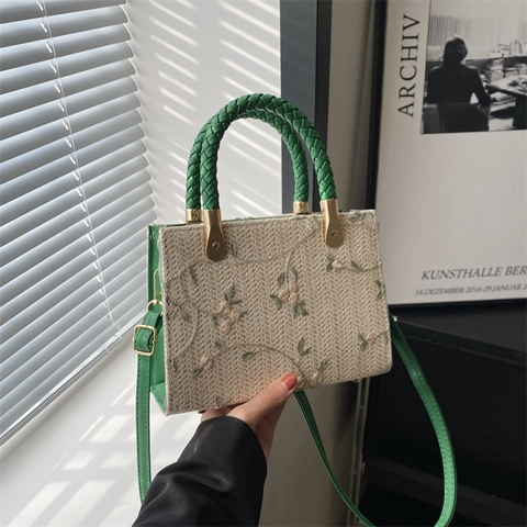 Borsa a Mano Intrecciata con Fiori Ricamati Pastorale da Donna Borsa a Tracolla in Paglia Borsa a Tracolla per Tutti i Giorni