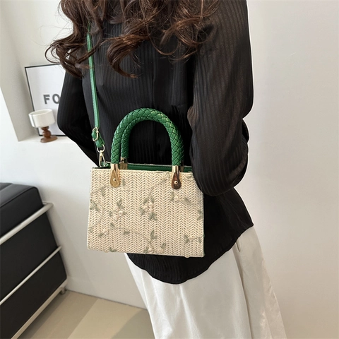 Borsa a Mano Intrecciata con Fiori Ricamati Pastorale da Donna Borsa a Tracolla in Paglia Borsa a Tracolla per Tutti i Giorni