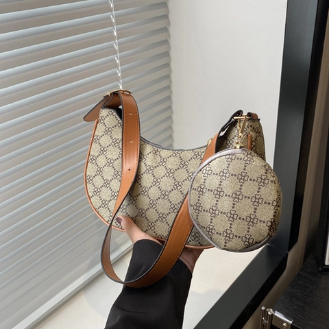 Sac Hobo Croissant Imprimé Trèfle Rétro Pour Femmes Sac à Épaule En Cuir PU Avec Petit Porte-monnaie Rond Amovible