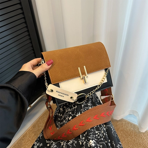 Bolso Cuadrado Pequeño de Cuero PU Patchwork para Mujer Retro Color de Contraste Bolso de Hombro Con Correa Ancha Estampada Cadena