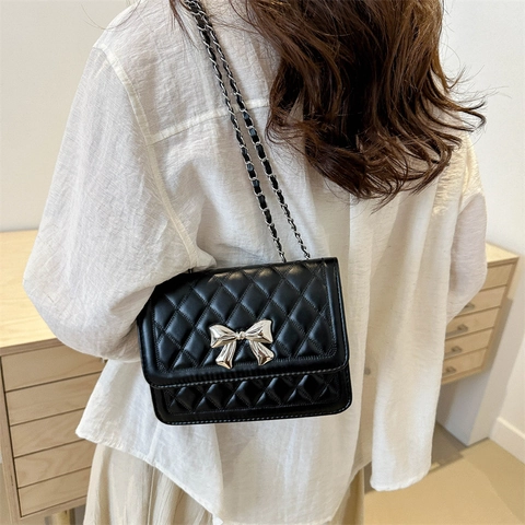 Mode Damen Gesteppt Rautenmuster Schultertasche Bogen Metallschnalle Kette Riemen PU Leder Umhängetasche Kleine Quadratische Tasche