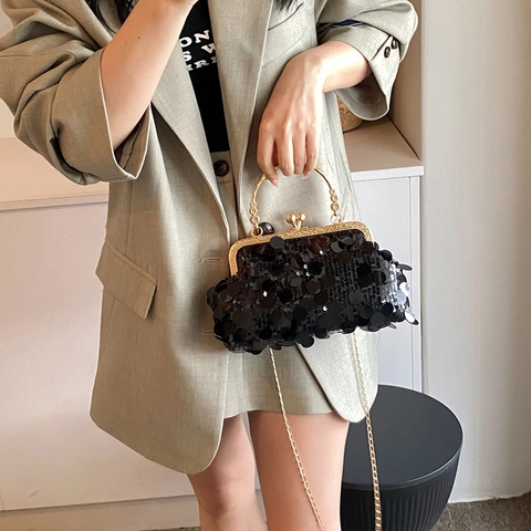 Borsa da Sera Vintage con Paillettes per Donna Borsa a Mano a Forma di Concha con Manico in Metallo e Tracolla a Catena
