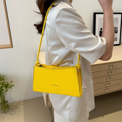 Women Fashion PU Leather Underarm Bag Minimalist Letter Print Shoulder Bag Trendy Solid Color Small Square Crossbody Bag