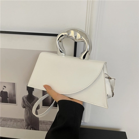 Borsa a Tracolla in PU Asimmetrica da Donna Con Manico in Metallo Argentato Irregolare Borsa a Spalla alla Moda Minimalista