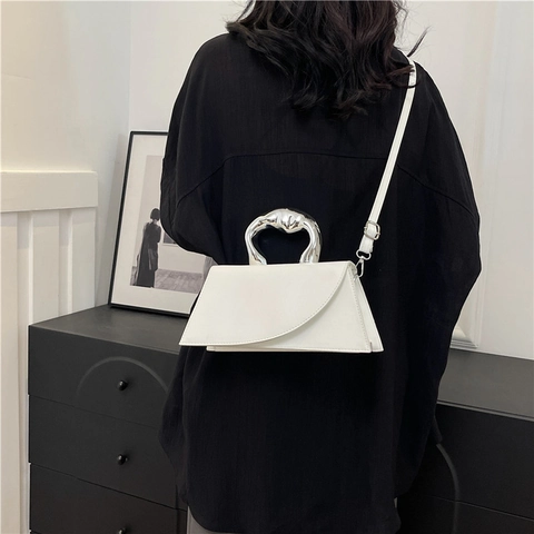 Borsa a Tracolla in PU Asimmetrica da Donna Con Manico in Metallo Argentato Irregolare Borsa a Spalla alla Moda Minimalista