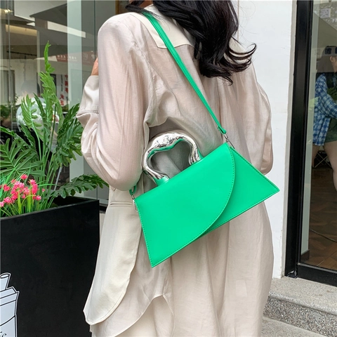 Fashion Women PU Leather Small Square Bag Elegant Minimalist Crossbody Shoulder Bag With Unique Metal Handle Handbag