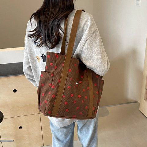 Borsa Tote in Tela con Stampa a Fragola Donna Grande Capacità Borsa a Tracolla Casual di Moda Estiva Semplice Borsa per Shopping