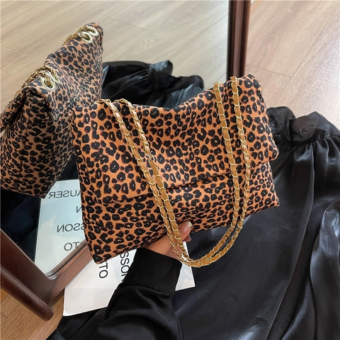 Damen Casual Leopardenmuster Canvas Schultertasche Große Kapazität Umhängetasche Tote Bag Mit Kette Für Den Alltag