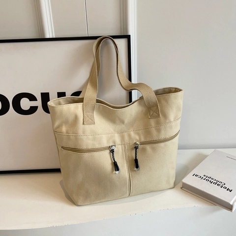Sac Cabas en Toile Large pour Femmes Minimaliste Avec Multi-Poches Fermeture Éclair Sac à Épaule Simple et Élégant