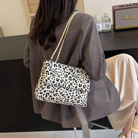 Damen Casual Leopardenmuster Canvas Schultertasche Große Kapazität Umhängetasche Tote Bag Mit Kette Für Den Alltag